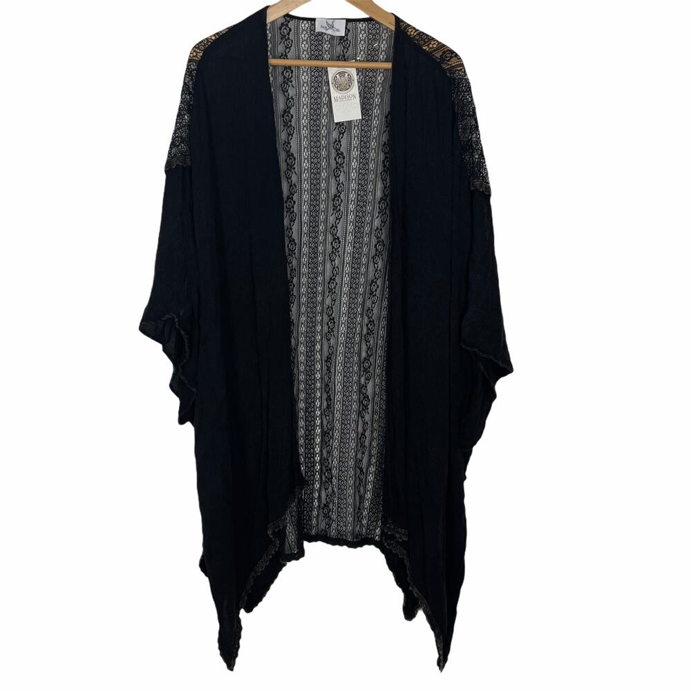 Fairen Del Black Mixed Media Lace Kimono Short Sleeve OSFA Beach Coverup